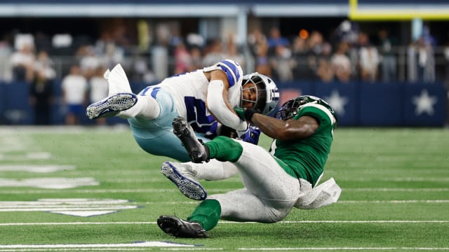 Jets' safety Jordan Whitehead pulls down Cowboys' RB Tony Pollard